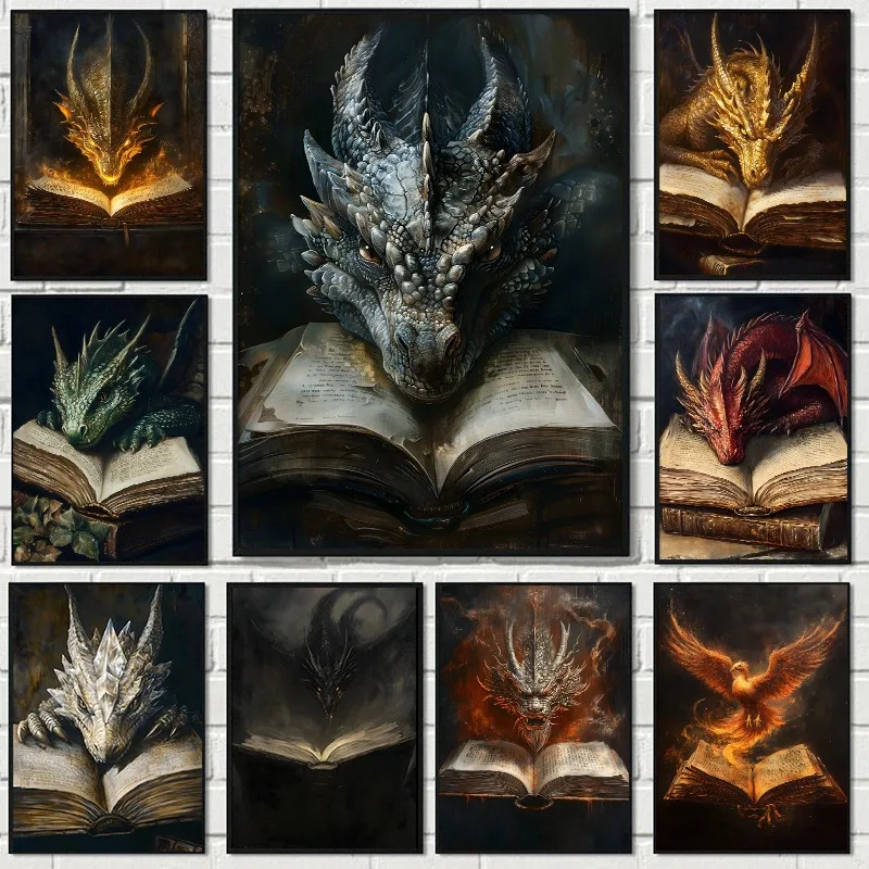 Home Decor Gothic - โปสเตอร์มังกรขนาดใหญ่กำลังอ่านหนังสือ ภาพวาดบนผ้าใบสไตล์โกธิค ลายมังกรแฟนตาซี สำหรับตกแต่งห้องสไตล์ดาร์กอะคาเดเมีย