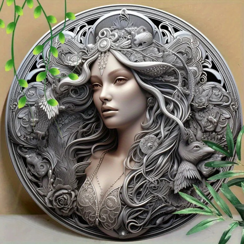 Home Decor Shop - สติ๊กเกอร์ติดผนังลายโลหะอะลูมิเนียมทรงกลม - ลายเทพธิดาแสนสวยสำหรับตกแต่งบ้าน ร้านกาแฟ สำนักงาน