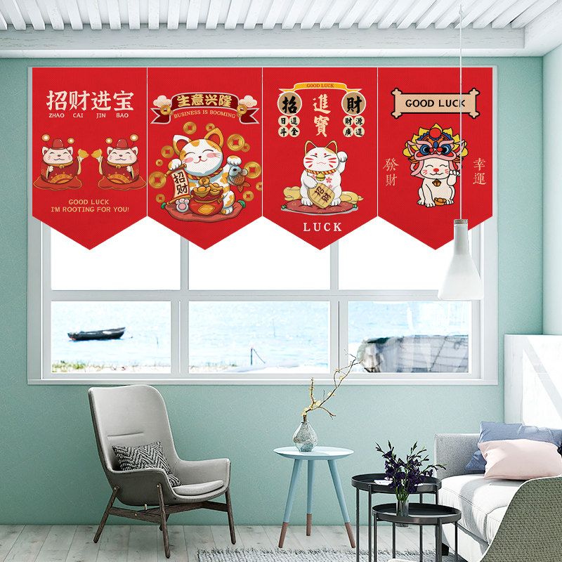 Home Decor Shop - ธงแขวนสามเหลี่ยมลายการ์ตูนแมวกวัก VIKAMA สำหรับตกแต่งหน้าต่างร้านค้า ตรุษจีน ของตกแต่งบ้านเสริมโชคลาภ