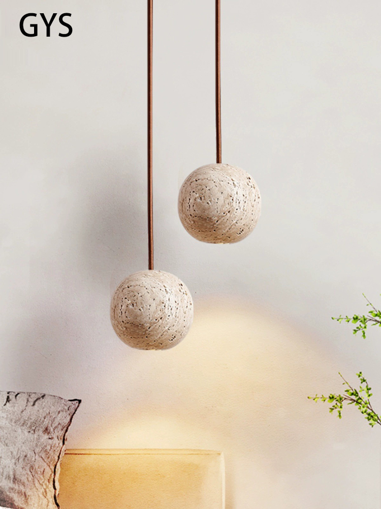 Hanging Moon Lamp - โคมไฟ LED จี้หินสีเหลือง Travertine โคมระย้าข้างเตียงขนาดเล็กรอบ Nordic