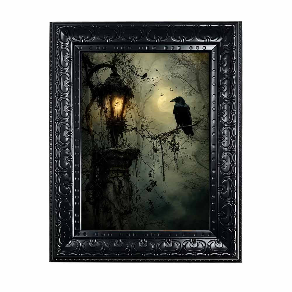 Home Decor Gothic - ภาพตกแต่งผนังฮาโลวีน, ภาพพิมพ์บนผ้าแคนวาสพร้อมกรอบลายอีกาโกธิคและโคมไฟวินเทจสำหรับตกแต่งบ้านสไตล์ดาร์คอะคาเดเมียที่น่าขนลุกและมีบรรยากาศลึกลับ