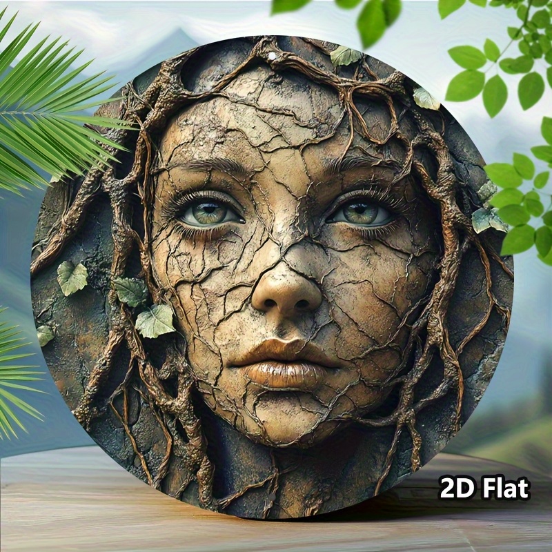 Home Decor Tree - งานศิลปะติดผนังทรงกลมอะลูมิเนียมแบบวินเทจ 2 มิติ - ลายใบหน้าผู้หญิงและรากไม้ ตกแต่งบ้านและสวนสไตล์เรียบง่าย