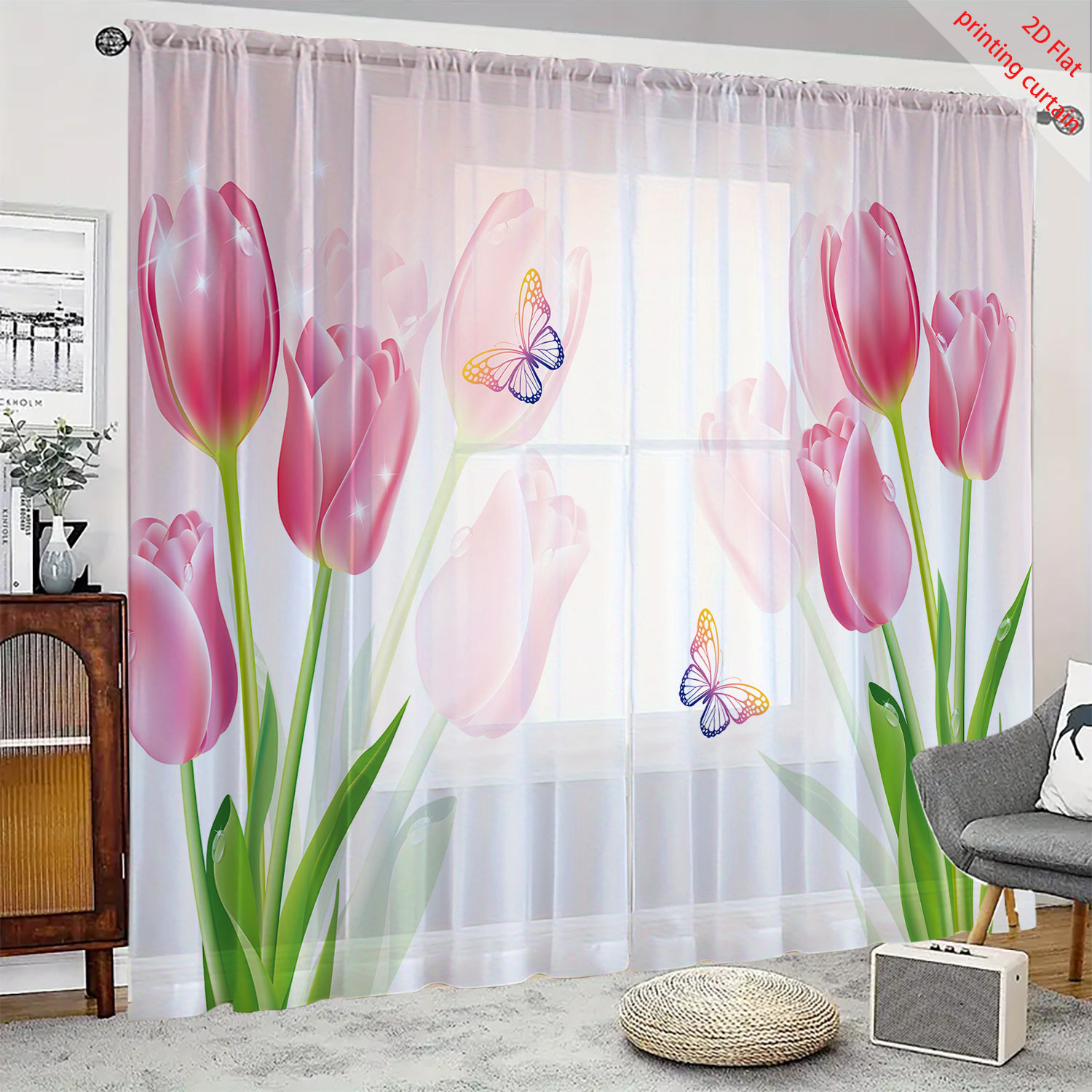 Home Decor Tulip - ผ้าม่านโปร่งแสงพิมพ์ลายดอกทิวลิปสีชมพู ตกแต่งบ้านอย่างโรแมนติก เหมาะสำหรับห้องนั่งเล่น ห้องนอน ระเบียง หน้าต่าง