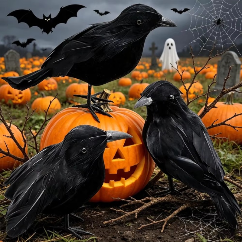 Home Decor Halloween - ของตกแต่งฮาโลวีน นกอีกาสีดำ 1 ตัว ขนนกเหมือนจริง สำหรับตกแต่งบ้าน