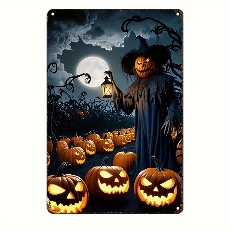 Home Decor Gothic - ป้ายโลหะวินเทจสำหรับฮาโลวีน - ฉากฟาร์มฟักทองใต้แสงจันทร์สไตล์กอธิค, ของตกแต่งผนังโลหะทนต่อสภาพอากาศ, เหมาะสำหรับบ้านและบาร์