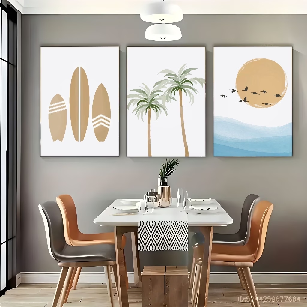 Home Decor Tree - 3 ชิ้นโมเดิร์นโบโฮเบิร์ด, ซัน, ปาล์มทรี&กระดานโต้คลื่นศิลปะติดผนังพิมพ์ภาพวาดบนผ้าใบโปสเตอร์ภาพสำหรับห้องนั่งเล่น, ห้องนอนตกแต่งบ้าน