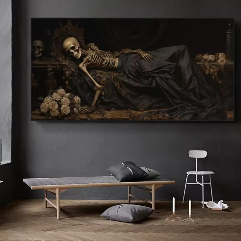 Home Decor Gothic - ภาพวาดศิลปะโกธิคแนวดาร์กอาร์ต รูปโครงกระดูกกำลังหลับ ภาพพิมพ์บนผ้าใบ โปสเตอร์กะโหลกศีรษะหลับใหลแบบวิคตอเรียน ภาพพิมพ์ตกแต่งบ้าน ภาพติดผนัง