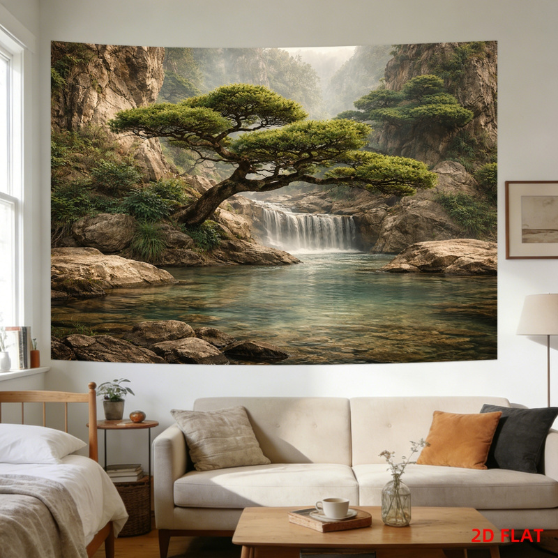 Home Decor Range - ผ้าแขวนผนังลายภูเขาและน้ำตก Lusheng สำหรับตกแต่งห้องนั่งเล่น ห้องสมาธิ หรือสำนักงาน ทำจากเส้นใยโพลีเอสเตอร์