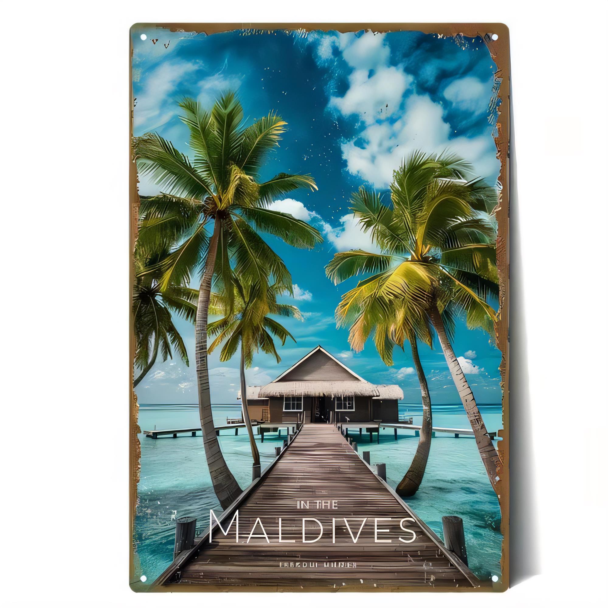 Home Decor Tree - ป้ายโลหะวินเทจลายชายหาด ต้นไม้ สะพาน ตกแต่งผนัง ภาพโปสเตอร์ทะเลเขตร้อนมัลดีฟส์ ป้ายตกแต่งสไตล์เรโทร