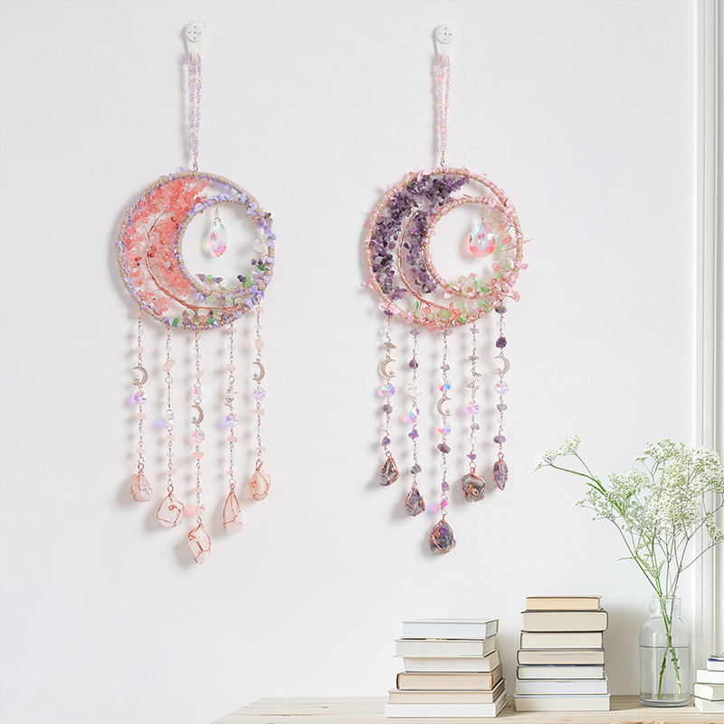 Boho Wind Chimes - คริสตัลสีม่วงอเมทิสต์ควอตซ์ Tree of Life อัญมณี Healing