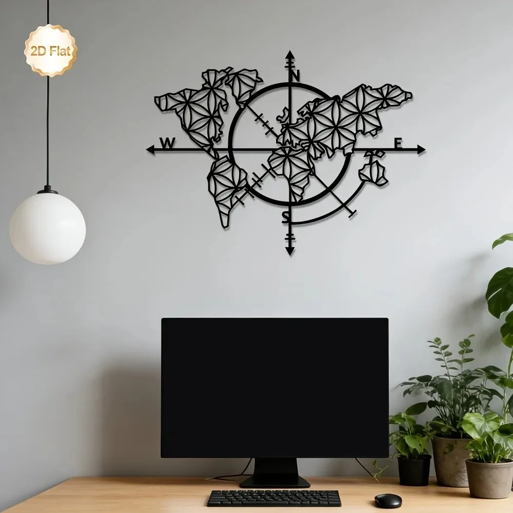 Home Decor Brand - งานศิลปะติดผนังโลหะรูปเข็มทิศแผนที่โลก รูปทรงเหล็ก 2 มิติ สำหรับตกแต่งห้องนั่งเล่น ห้องนอน