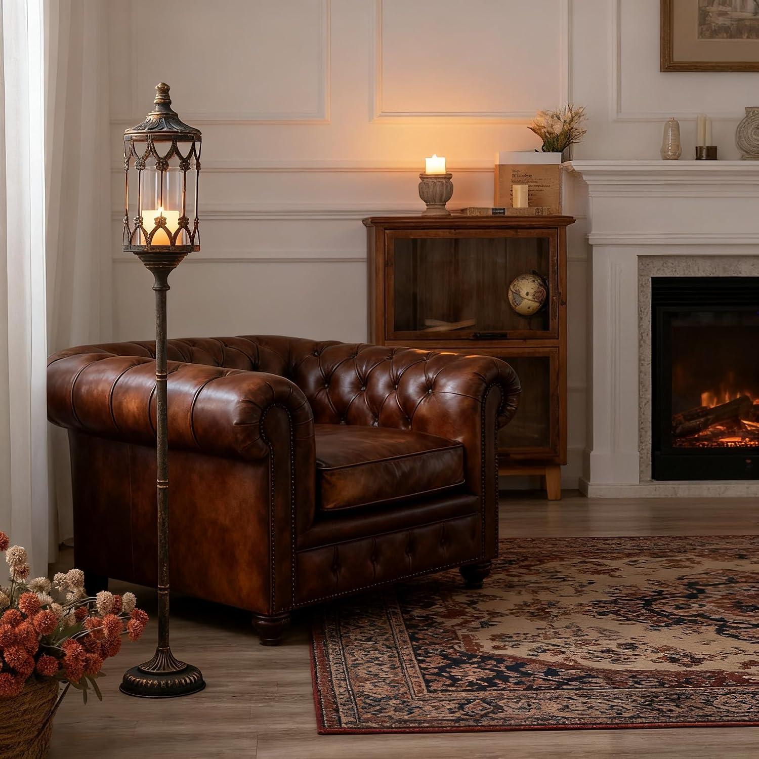 Home Decor Gothic - เชิงเทียนโลหะโบราณสีทองสูง 41 นิ้ว พร้อมโคมแก้ว ตกแต่งสไตล์โกธิคแบบเรียบง่าย เหมาะสำหรับตกแต่งบ้าน
