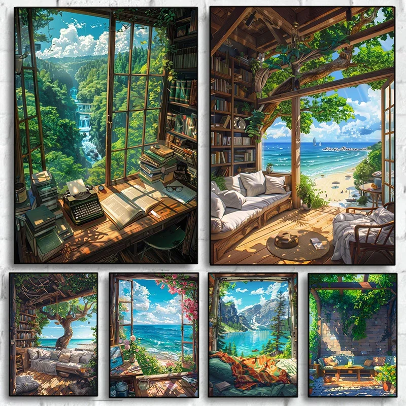 Home Decor Interior - โปสเตอร์ภาพวิวฤดูร้อนริมทะเลสไตล์การ์ตูนสมัยใหม่ ภาพวาดบนผ้าใบบ้านพักตากอากาศริมชายหาด ศิลปะตกแต่งผนังสำหรับห้องนั่งเล่นและบ้าน