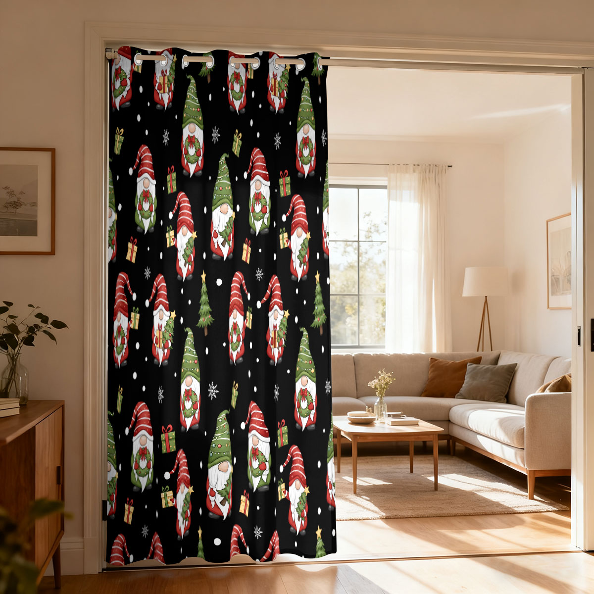 Home Decor Tree - ผ้าม่านลายคริสต์มาสคนแคระต้นคริสต์มาสและของขวัญ ผ้าม่านแบบห่วงเดี่ยว ผ้าม่านแขวนประตู ผ้าม่านตกแต่งห้องนั่งเล่น ห้องนอน ของตกแต่งบ้านทันสมัย