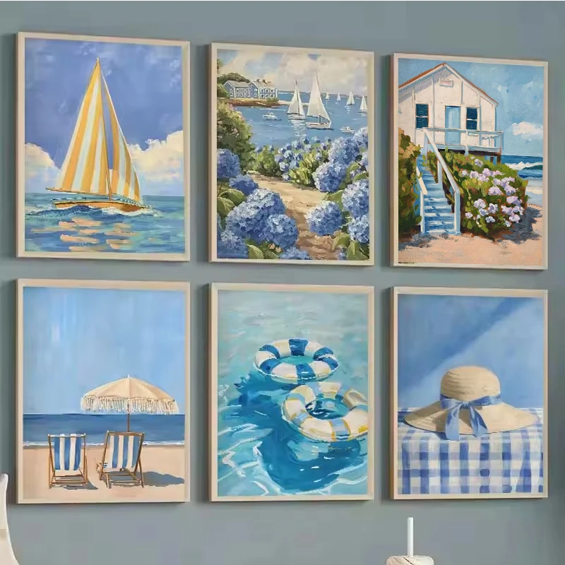 ภาพพิมพ์บนผ้าใบลายเรือใบชายฝั่ - Home Decor Interior บทวิจารณ์และราคา