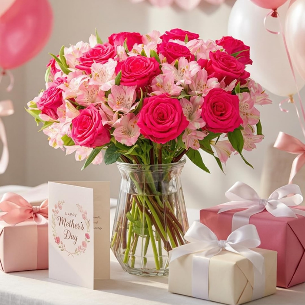 การจัดดอกกุหลาบและดอกอัลสโตรเม - Home Decor Tulip บทวิจารณ์และราคา